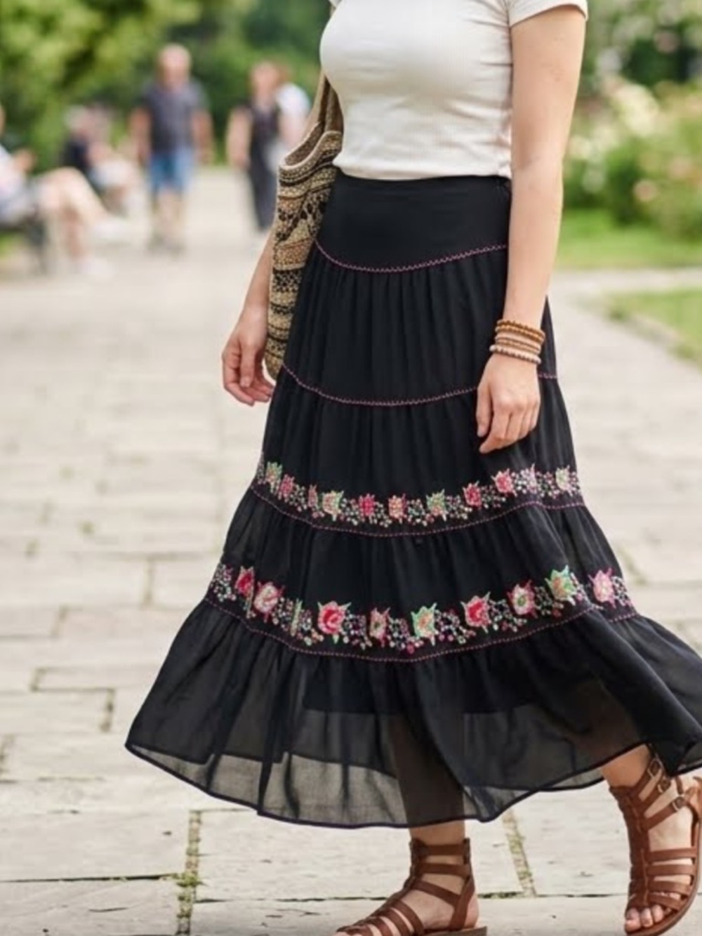 NY Collection Black Maxi Skirt with Pink & Green Floral Embroidery